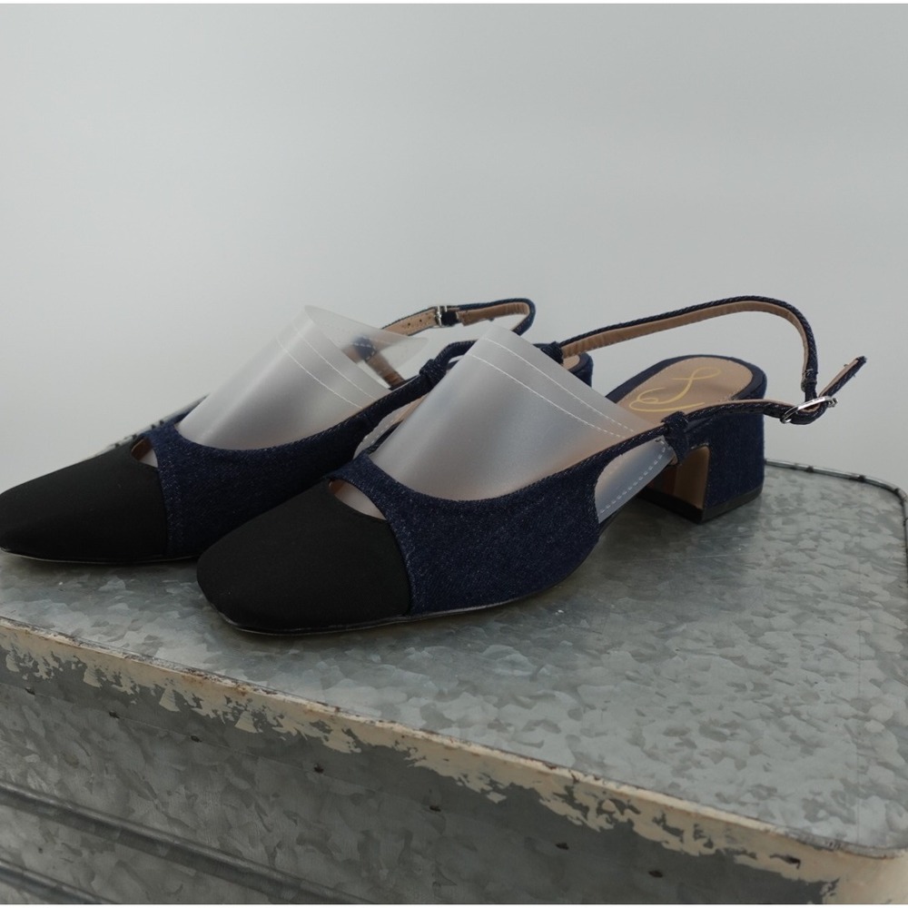 Sam Edelman Tarra Denim Cap Toe Slingback Block Heel Pumps Blue Black 7.5M